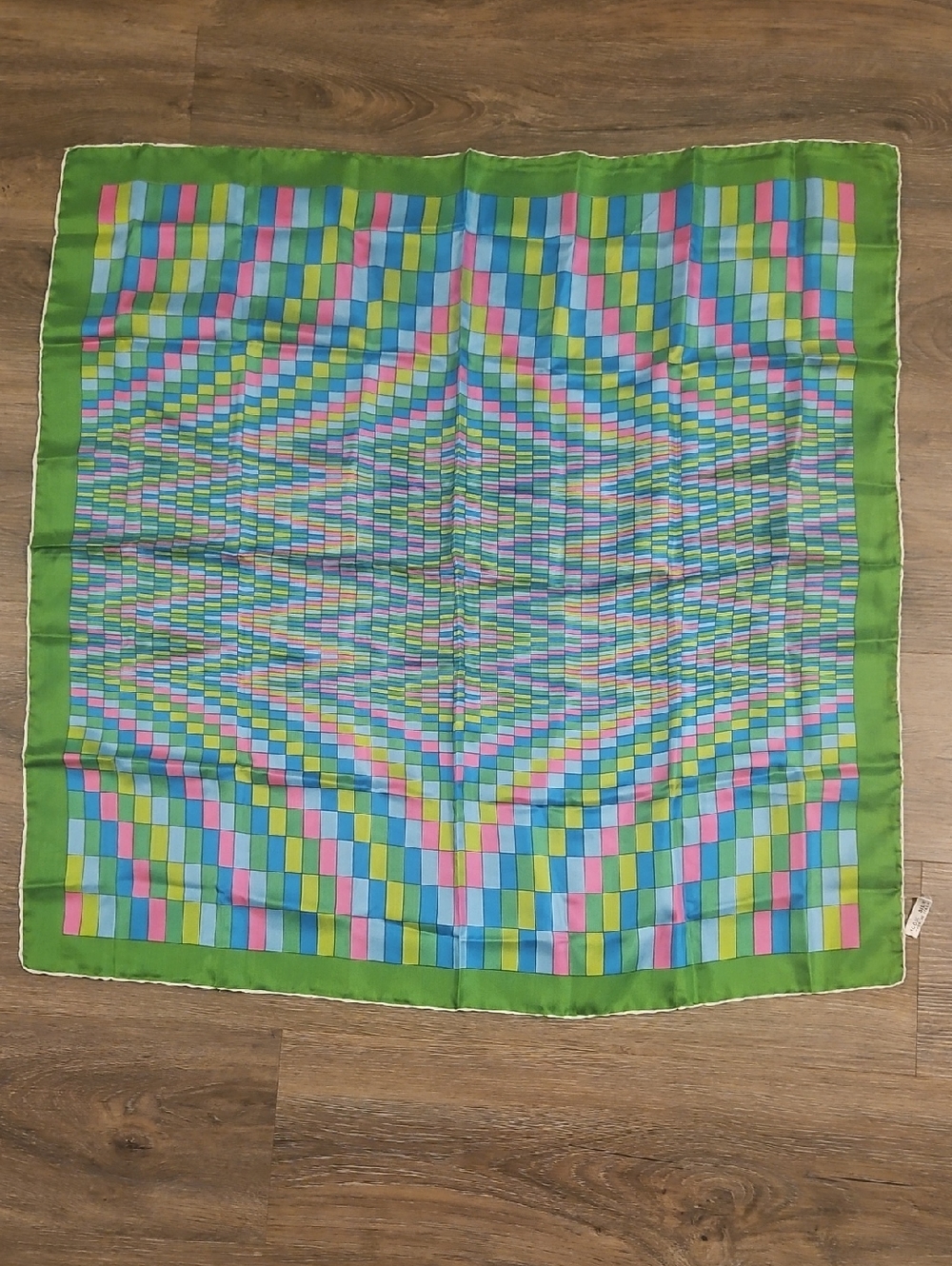 Source Unknown Multi-Color Geometric Silk Scarf with Green Border